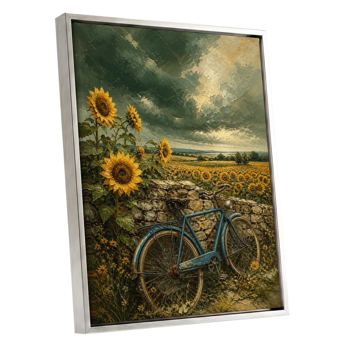 Blue Bicycle, Golden Fields, green, gold, blue floral wall art shown as a silver framed canvas wall art
