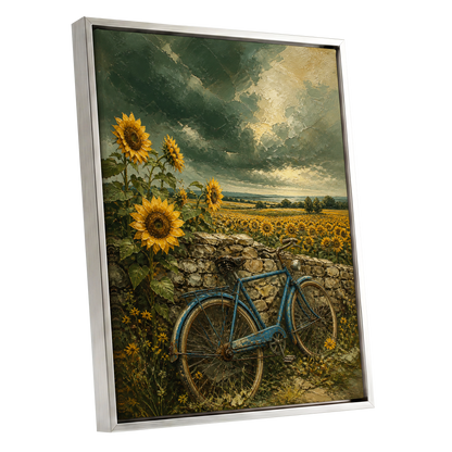 Blue Bicycle, Golden Fields, green, gold, blue floral wall art shown as a silver framed canvas wall art