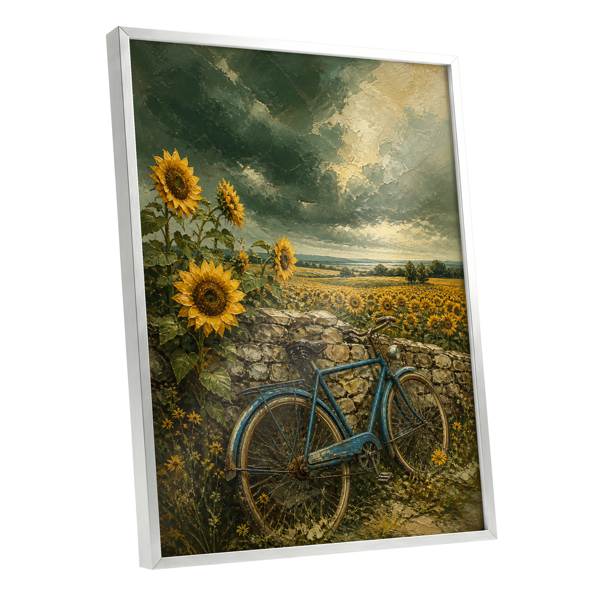 Blue Bicycle, Golden Fields, green, gold, blue floral wall art shown as a silver framed poster wall art print