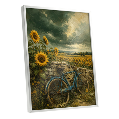 Blue Bicycle, Golden Fields, green, gold, blue floral wall art shown as a silver framed poster wall art print