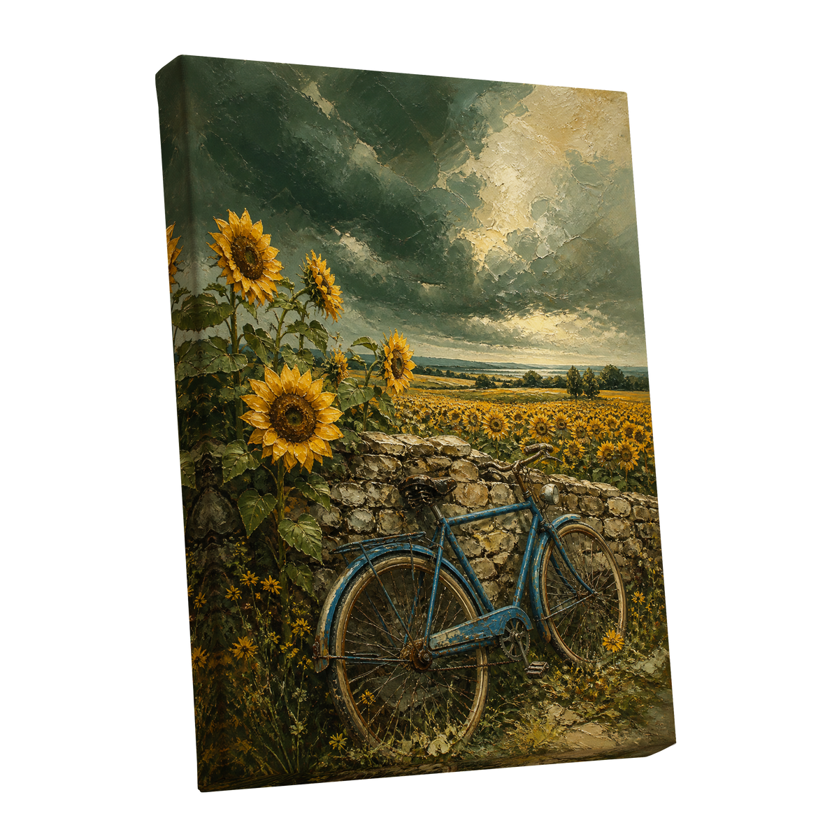 Blue Bicycle, Golden Fields, green, gold, blue floral wall art shown as a stretched canvas wall art