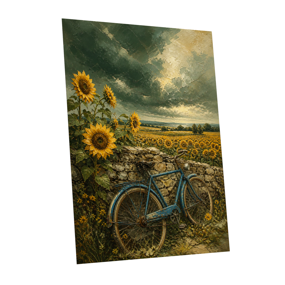 Blue Bicycle, Golden Fields, green, gold, blue floral wall art shown as a unframed poster wall art print