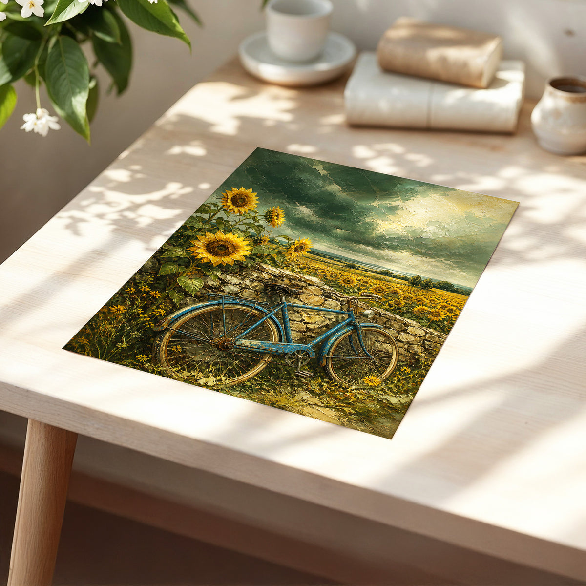Blue Bicycle, Golden Fields, green, gold, blue floral wall art displayed in a styled interior, gallery view 1