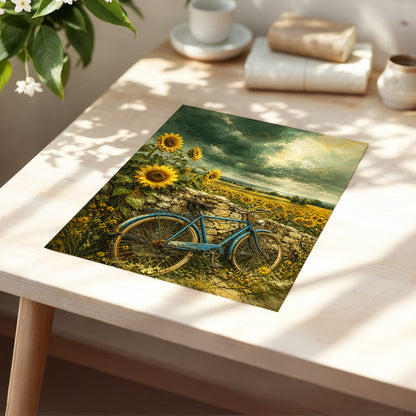 Blue Bicycle, Golden Fields, green, gold, blue floral wall art displayed in a styled interior, gallery view 1