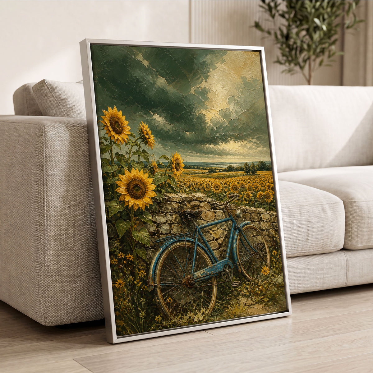 Blue Bicycle, Golden Fields, green, gold, blue floral wall art displayed in a styled interior, gallery view 2