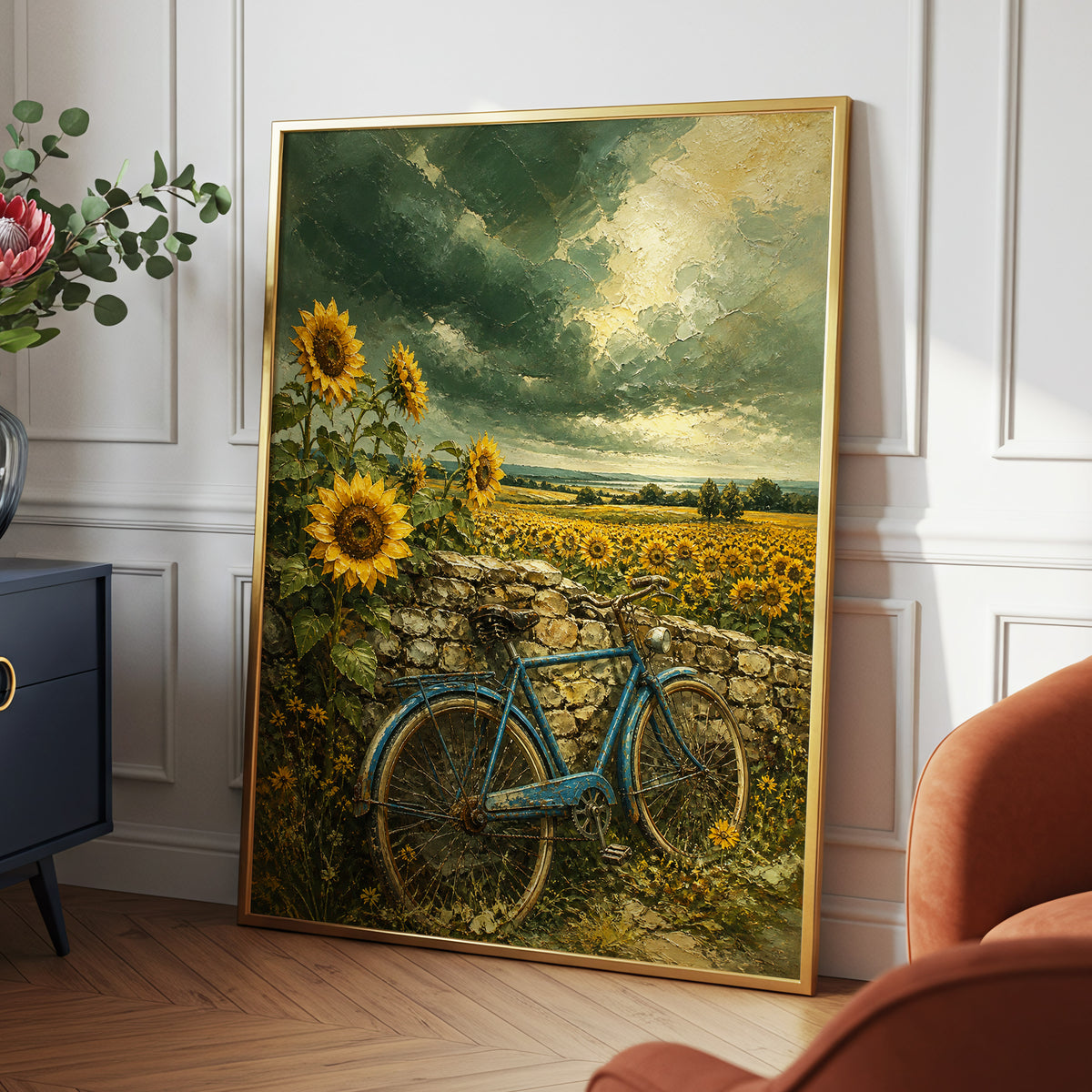 Blue Bicycle, Golden Fields, green, gold, blue floral wall art displayed in a styled interior, gallery view 3
