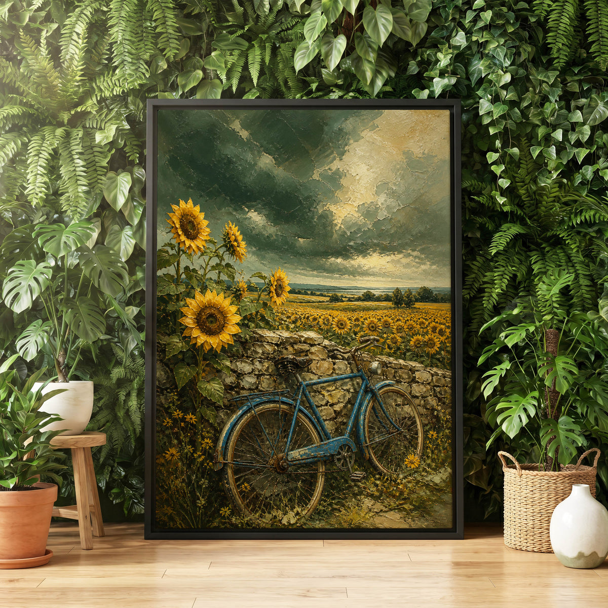 Blue Bicycle, Golden Fields, green, gold, blue floral wall art displayed in a styled interior, gallery view 4