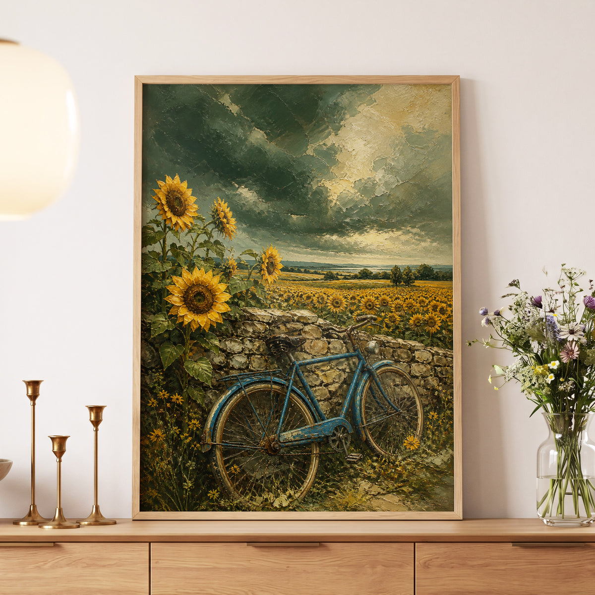Blue Bicycle, Golden Fields, green, gold, blue floral wall art displayed in a styled interior, gallery view 5
