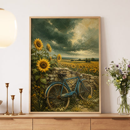 Blue Bicycle, Golden Fields, green, gold, blue floral wall art displayed in a styled interior, gallery view 5
