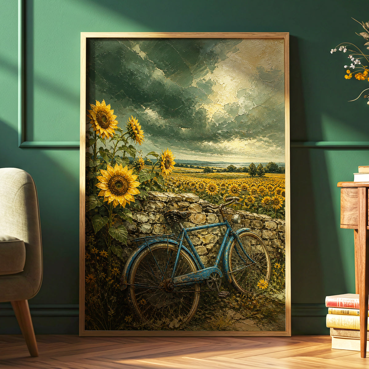 Blue Bicycle, Golden Fields, green, gold, blue floral wall art displayed in a styled interior, gallery view 6
