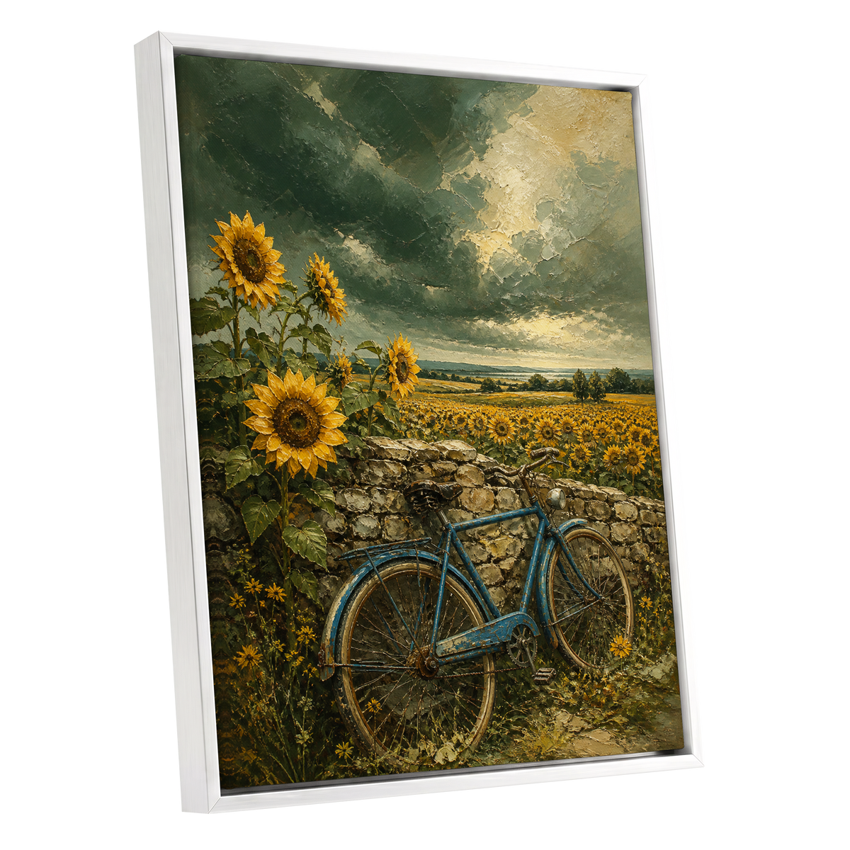 Blue Bicycle, Golden Fields, green, gold, blue floral wall art shown as a white framed canvas wall art