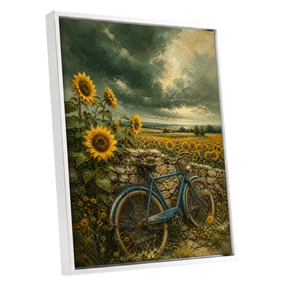 Blue Bicycle, Golden Fields, green, gold, blue floral wall art shown as a white framed canvas wall art