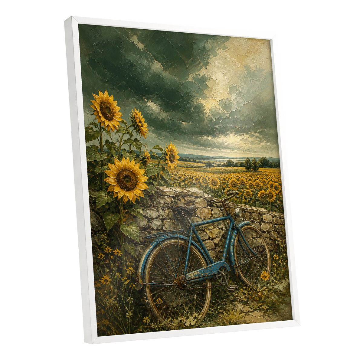 Blue Bicycle, Golden Fields, green, gold, blue floral wall art shown as a white framed poster wall art print