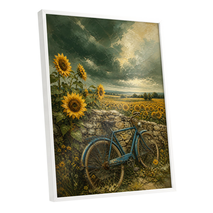 Blue Bicycle, Golden Fields, green, gold, blue floral wall art shown as a white framed poster wall art print