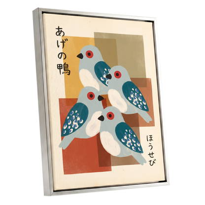 Blue Birds in Harmony, blue, beige, orange nature wall art shown as a silver framed canvas wall art