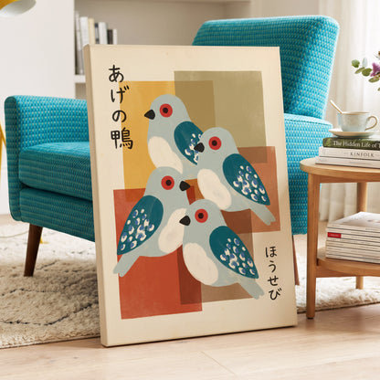 Blue Birds in Harmony, blue, beige, orange nature wall art displayed in a styled interior, gallery view 3
