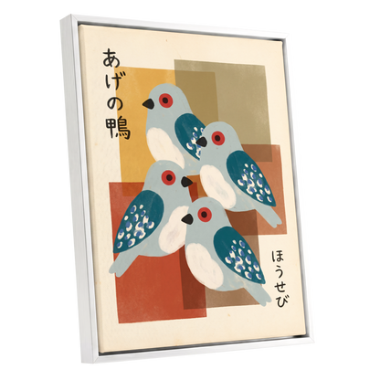 Blue Birds in Harmony, blue, beige, orange nature wall art shown as a white framed canvas wall art