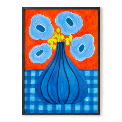 Blue Bloom Carnival, blue, orange, green floral wall art, front artwork view