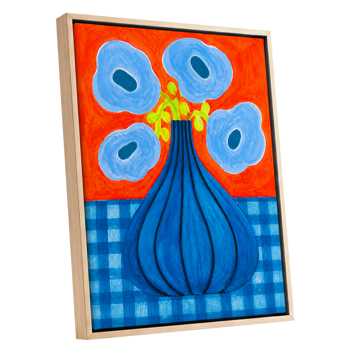 Blue Bloom Carnival, blue, orange, green floral wall art shown as a oak framed canvas wall art