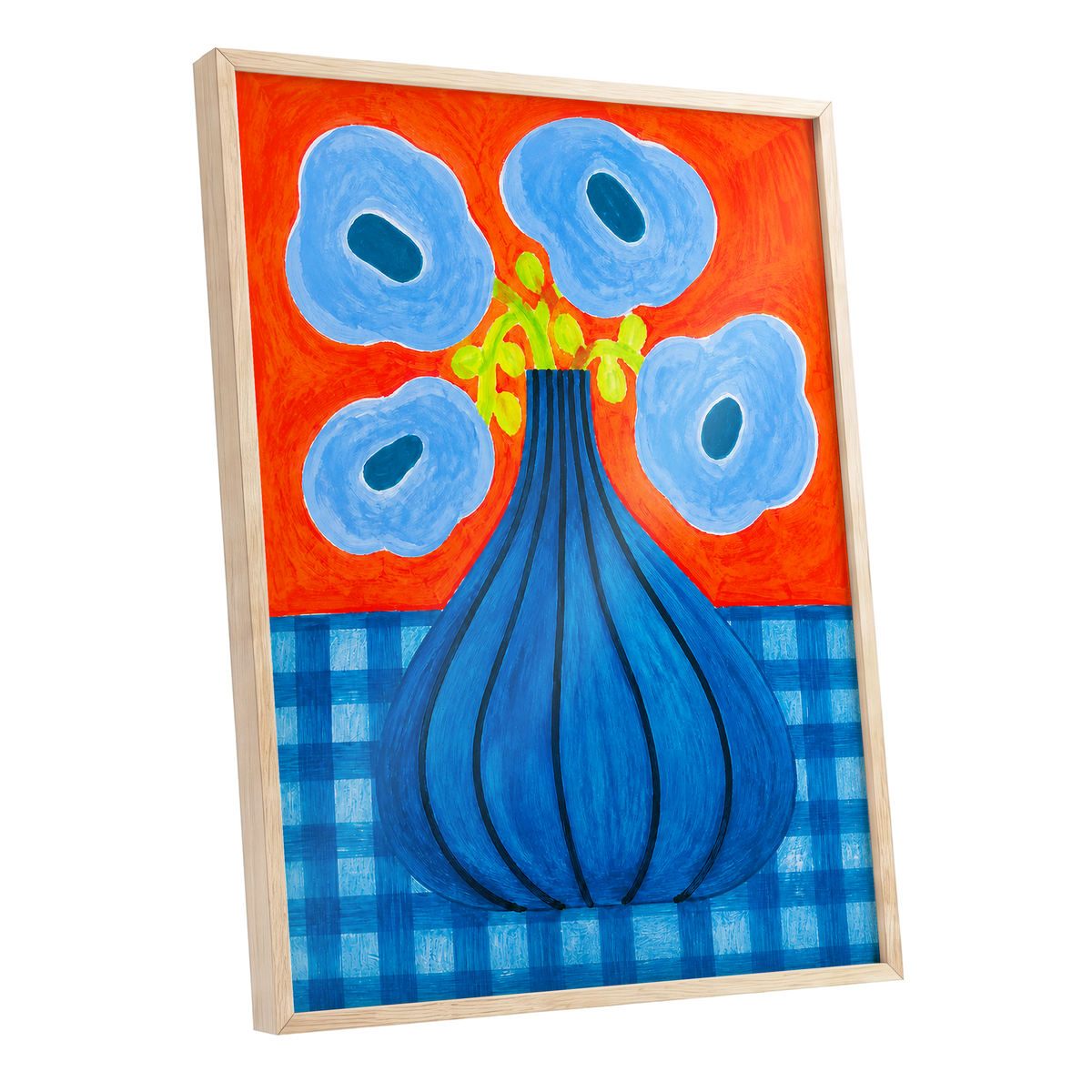 Blue Bloom Carnival, blue, orange, green floral wall art shown as a oak framed poster wall art print