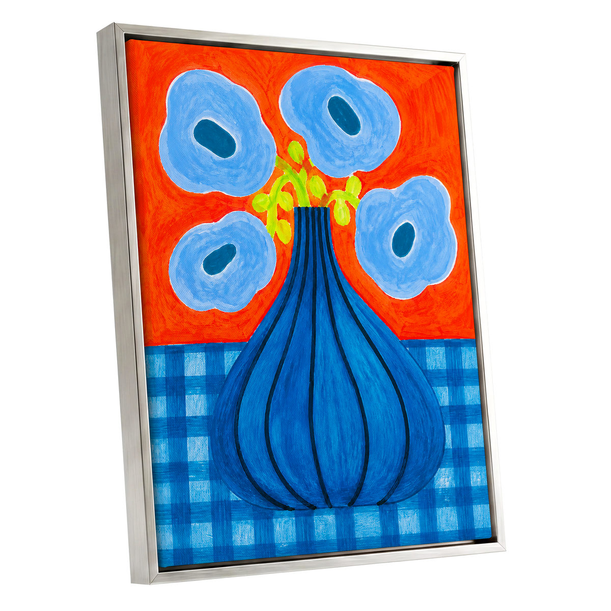 Blue Bloom Carnival, blue, orange, green floral wall art shown as a silver framed canvas wall art