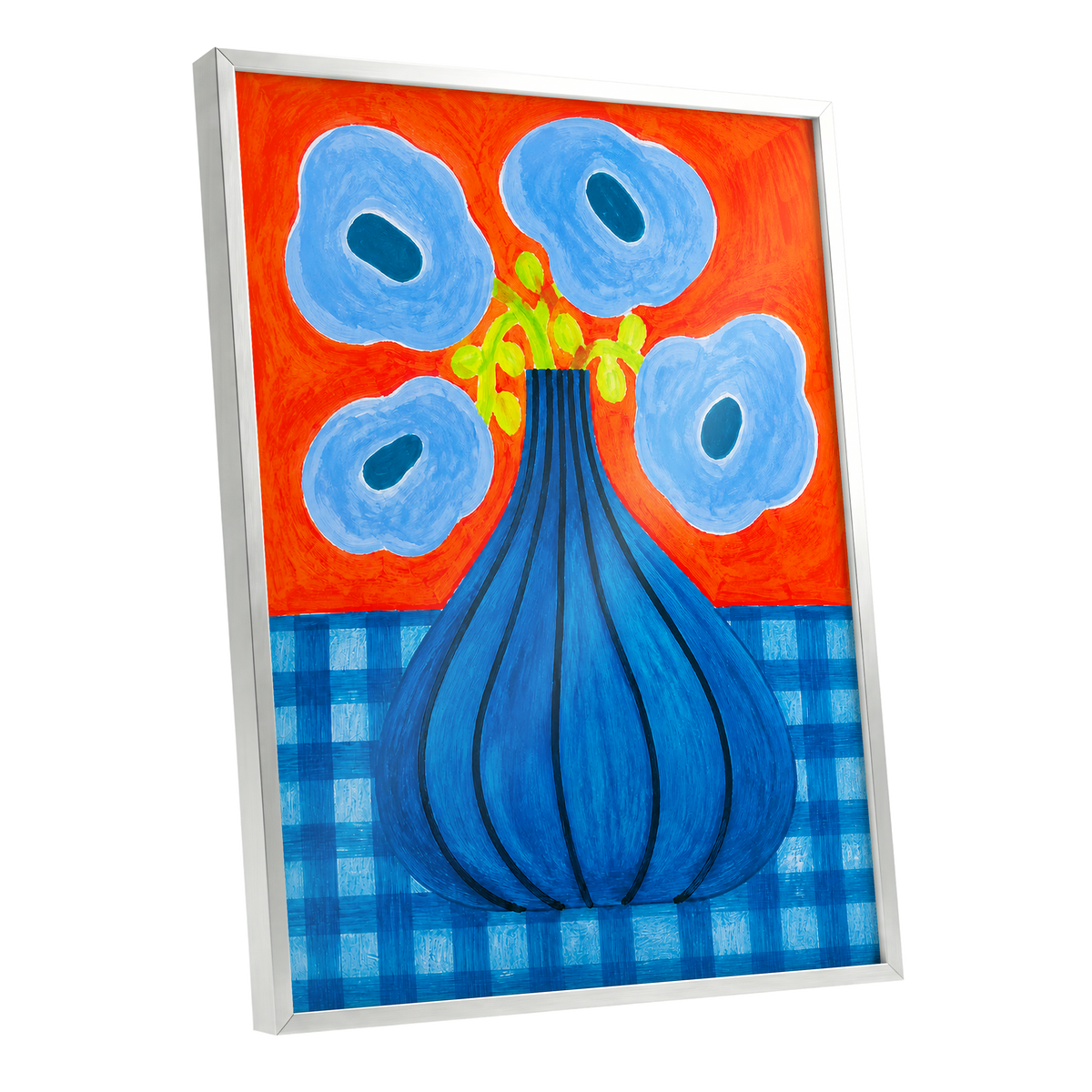 Blue Bloom Carnival, blue, orange, green floral wall art shown as a silver framed poster wall art print