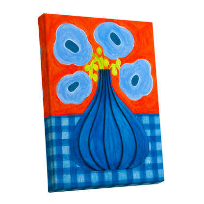Blue Bloom Carnival, blue, orange, green floral wall art shown as a stretched canvas wall art