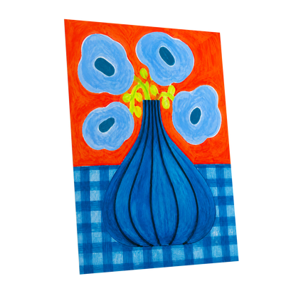 Blue Bloom Carnival, blue, orange, green floral wall art shown as a unframed poster wall art print