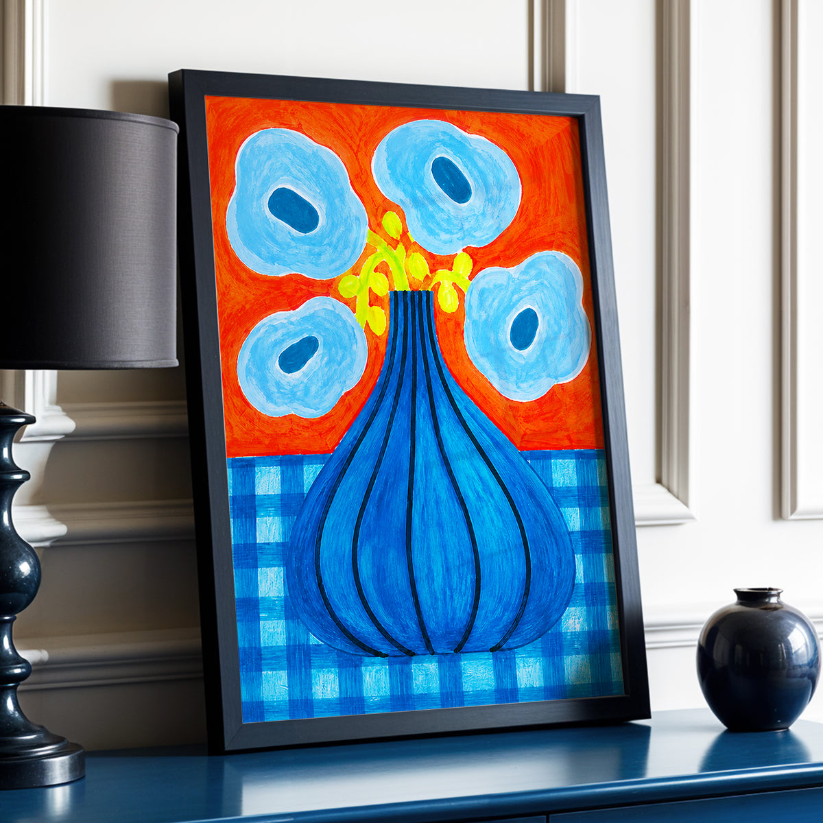 Blue Bloom Carnival, blue, orange, green floral wall art displayed in a styled interior, gallery view 2