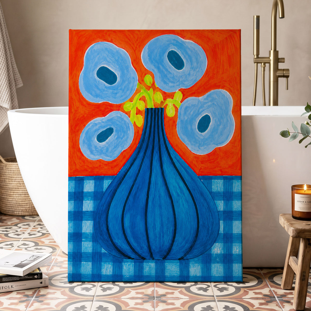 Blue Bloom Carnival, blue, orange, green floral wall art displayed in a styled interior, gallery view 3