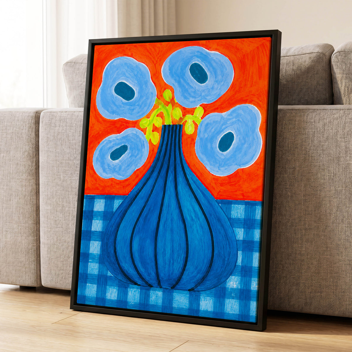 Blue Bloom Carnival, blue, orange, green floral wall art displayed in a styled interior, gallery view 4