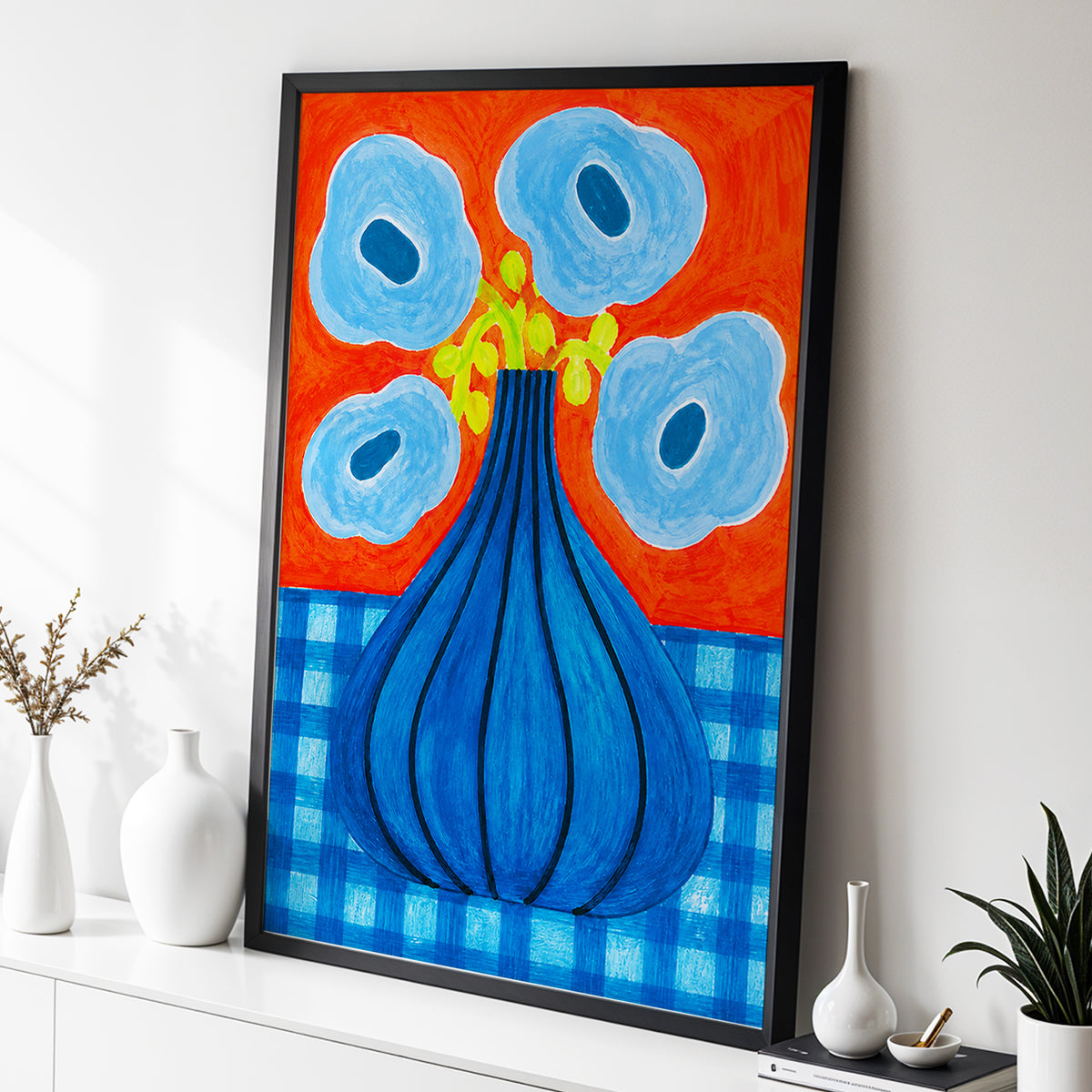 Blue Bloom Carnival, blue, orange, green floral wall art displayed in a styled interior, gallery view 6