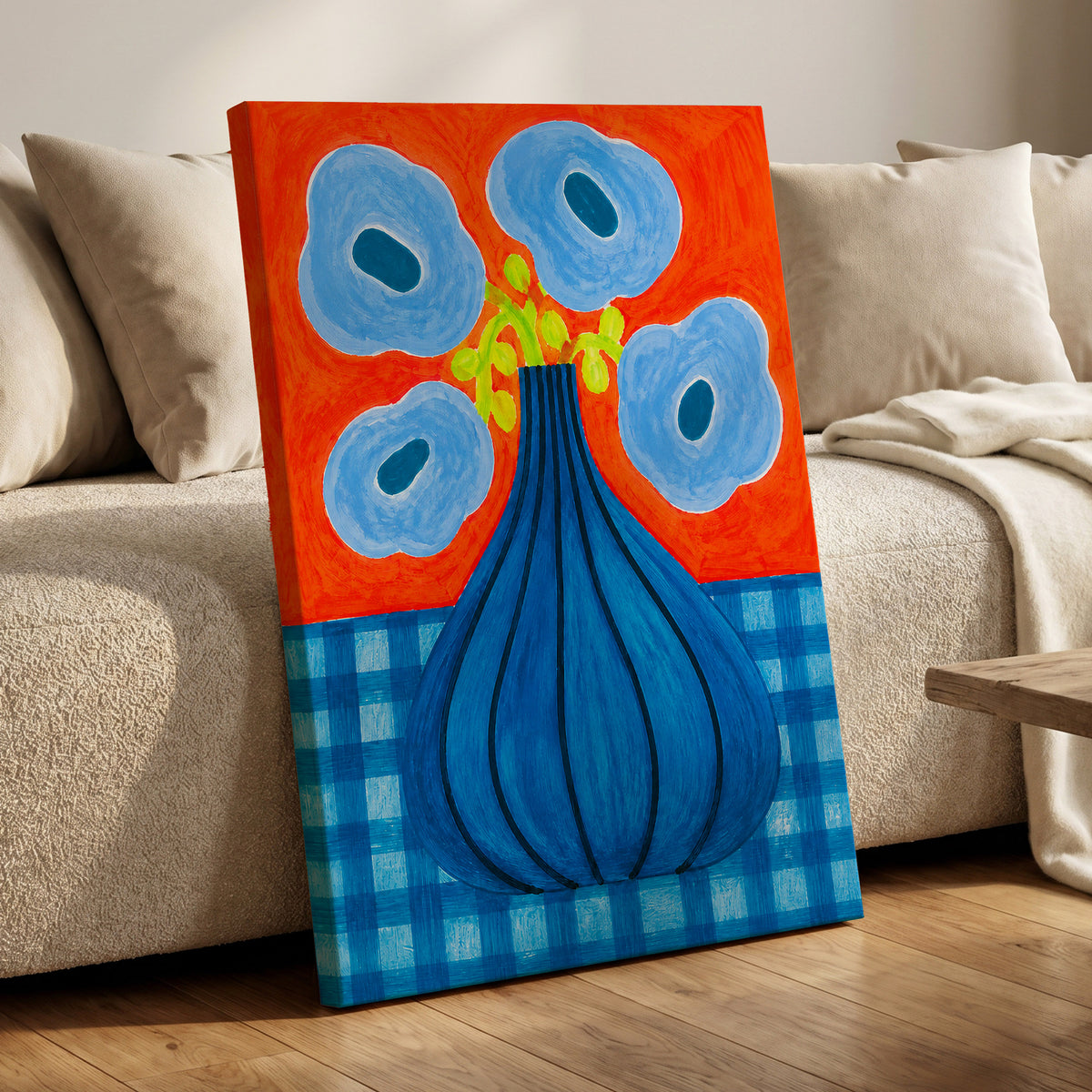 Blue Bloom Carnival, blue, orange, green floral wall art displayed in a styled interior, gallery view 7