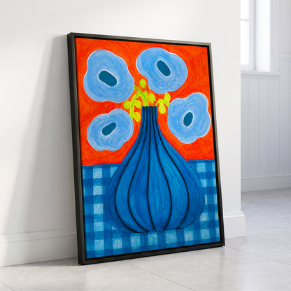 Blue Bloom Carnival, blue, orange, green floral wall art displayed in a styled interior, gallery view 8