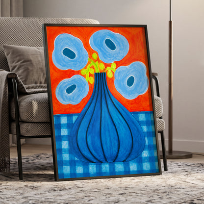Blue Bloom Carnival, blue, orange, green floral wall art displayed in a styled interior, gallery view 9