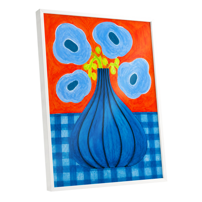 Blue Bloom Carnival, blue, orange, green floral wall art shown as a white framed poster wall art print