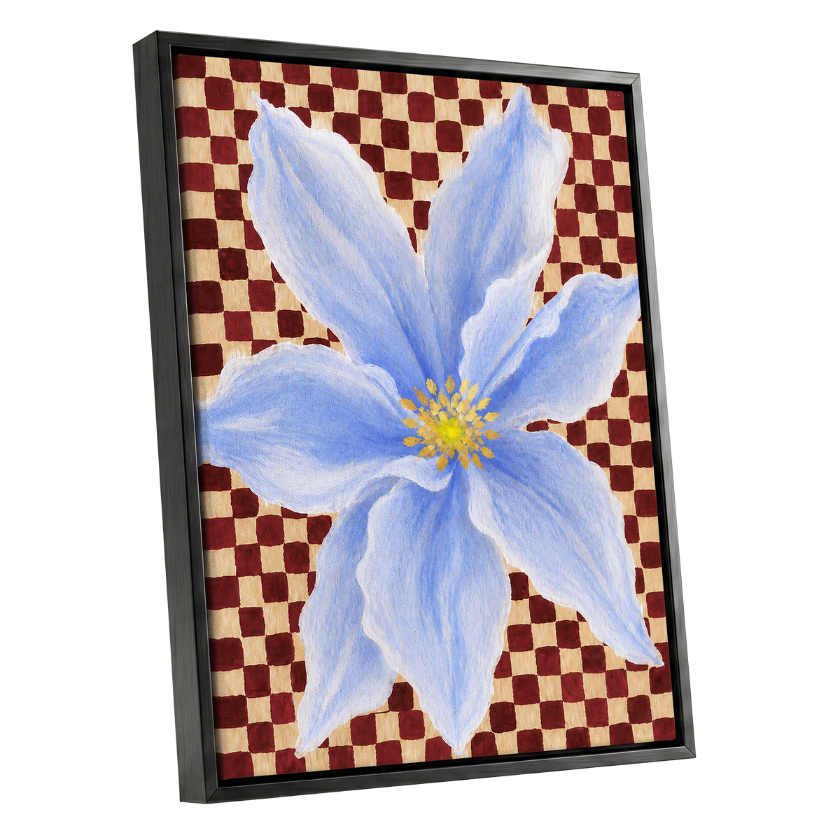 Blue Bloom Checkmate, blue, white, red floral wall art shown as a black framed canvas wall art