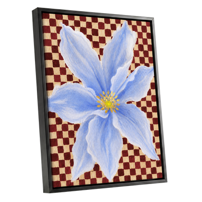 Blue Bloom Checkmate, blue, white, red floral wall art shown as a black framed canvas wall art