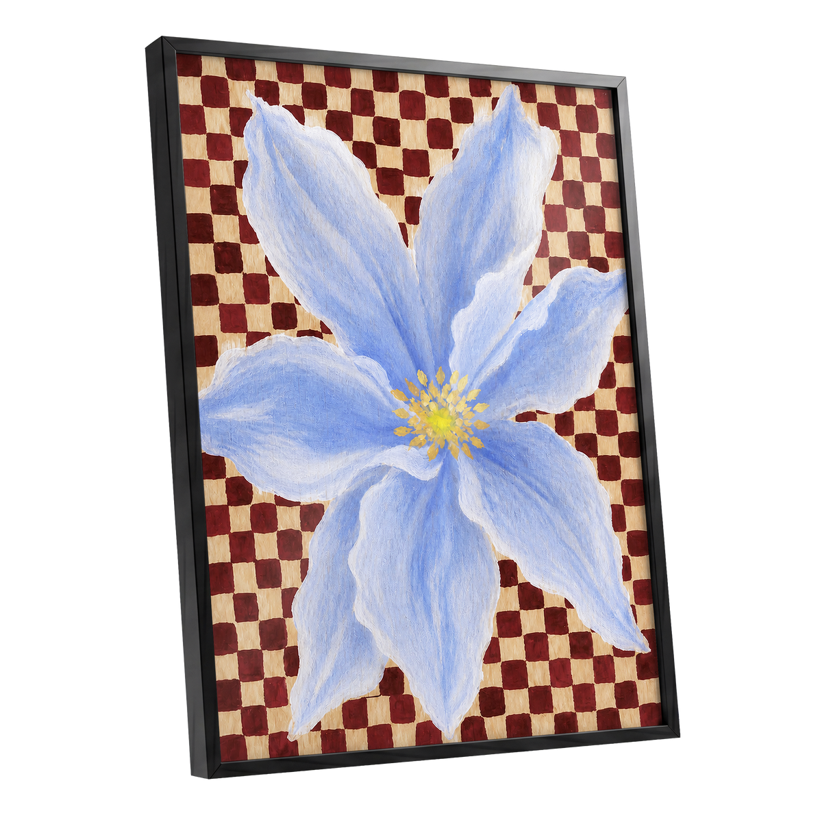 Blue Bloom Checkmate, blue, white, red floral wall art shown as a black framed poster wall art print