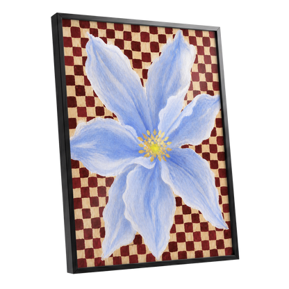 Blue Bloom Checkmate, blue, white, red floral wall art shown as a black framed poster wall art print