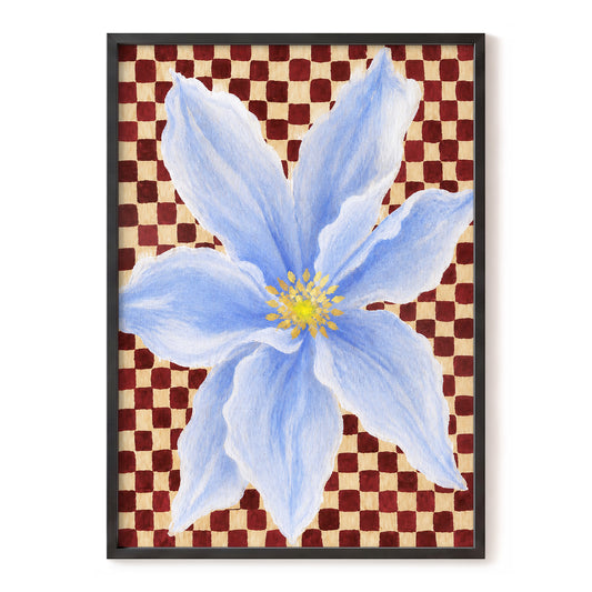 Blue Bloom Checkmate, blue, white, red floral wall art, front artwork view