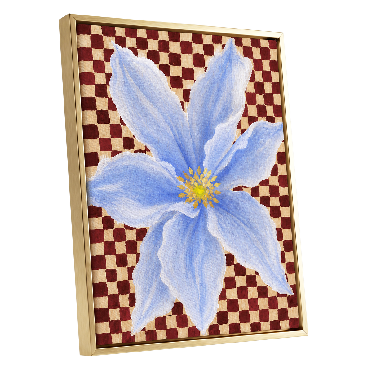 Blue Bloom Checkmate, blue, white, red floral wall art shown as a gold framed canvas wall art