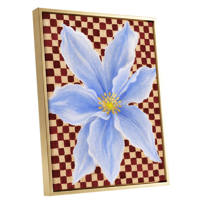 Blue Bloom Checkmate, blue, white, red floral wall art shown as a gold framed canvas wall art