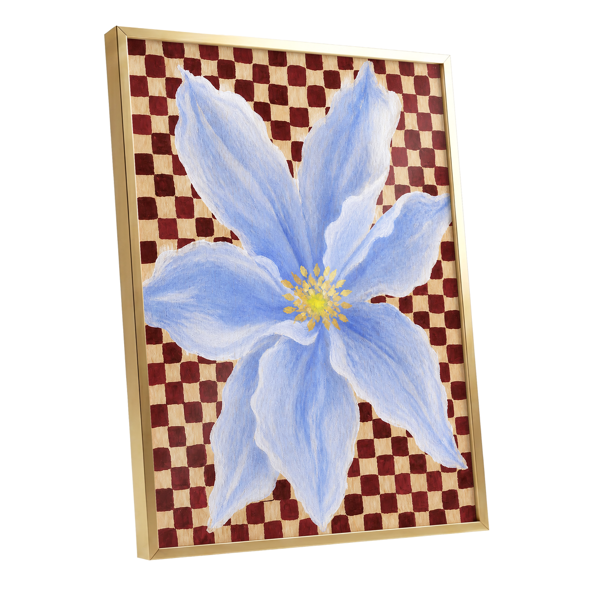 Blue Bloom Checkmate, blue, white, red floral wall art shown as a gold framed poster wall art print