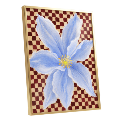 Blue Bloom Checkmate, blue, white, red floral wall art shown as a gold framed poster wall art print