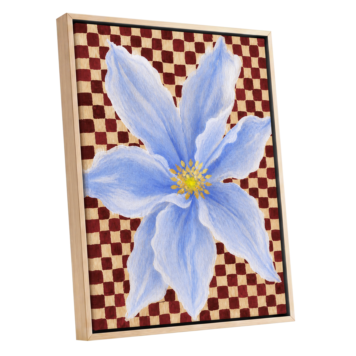 Blue Bloom Checkmate, blue, white, red floral wall art shown as a oak framed canvas wall art