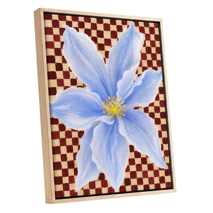 Blue Bloom Checkmate, blue, white, red floral wall art shown as a oak framed canvas wall art
