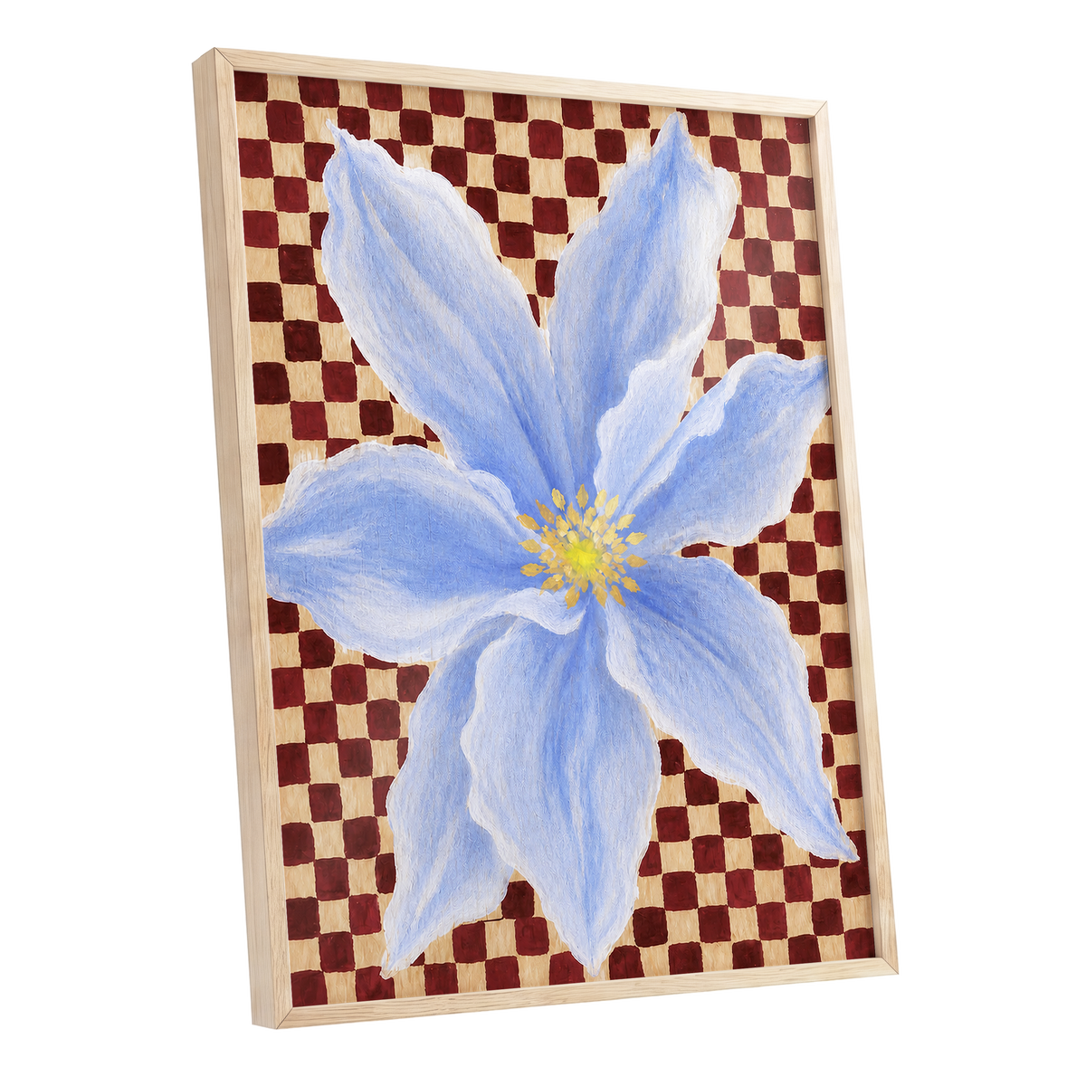 Blue Bloom Checkmate, blue, white, red floral wall art shown as a oak framed poster wall art print
