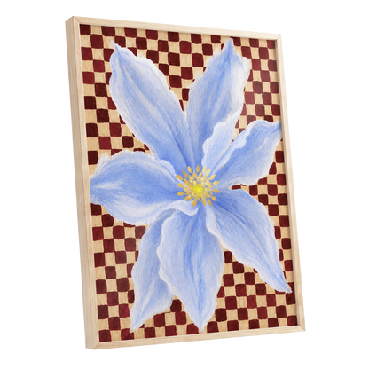 Blue Bloom Checkmate, blue, white, red floral wall art shown as a oak framed poster wall art print