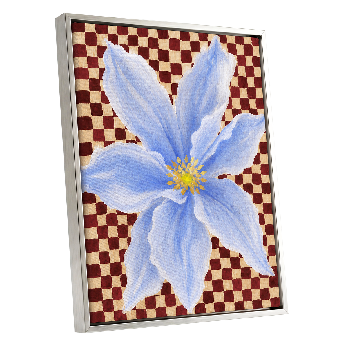 Blue Bloom Checkmate, blue, white, red floral wall art shown as a silver framed canvas wall art